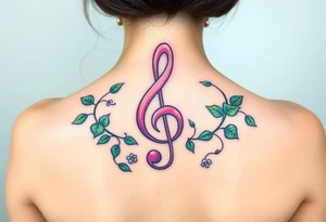 treble clef with vines growing around it, in shades of green, light pink, and soft purple tattoo idea