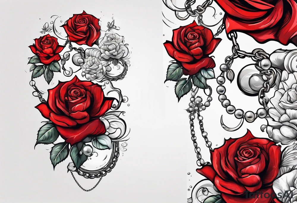 Red rose with a chain made of pearls and a seashell tattoo idea