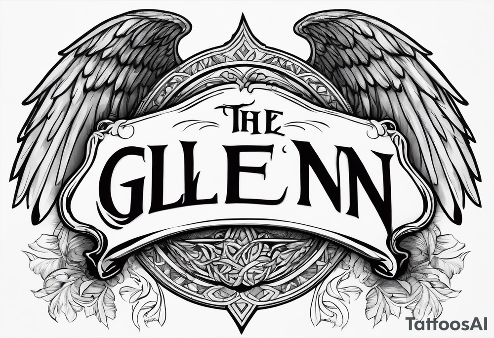 The word Glenn on a banner with angel Wings tattoo idea