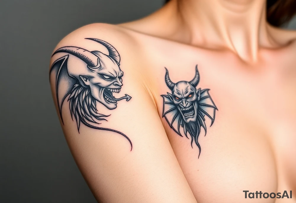 beautiful naked woman and a angry and powerful demon tattoo idea