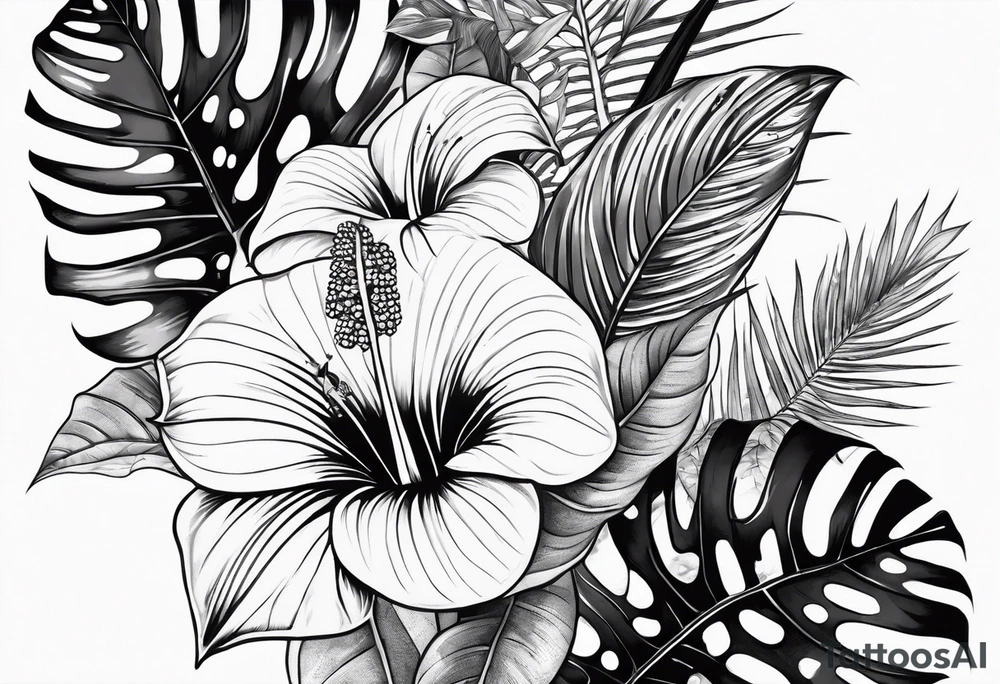 Tropical leaves with anthurium and Alocasia line work sleeve tattoo idea