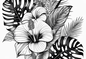 Tropical leaves with anthurium and Alocasia line work sleeve tattoo idea