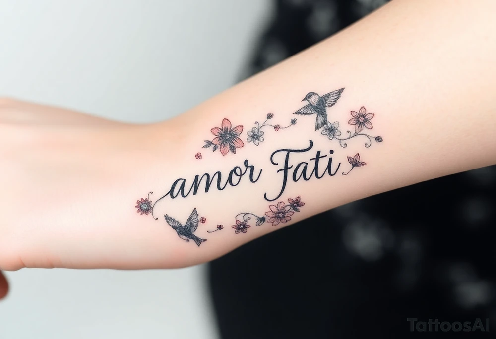 “Amor Fati” with small colorful flowers and birds tattoo idea