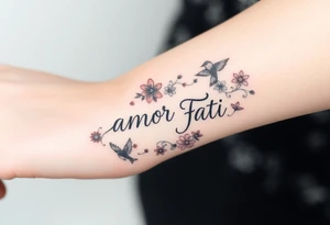 “Amor Fati” with small colorful flowers and birds tattoo idea