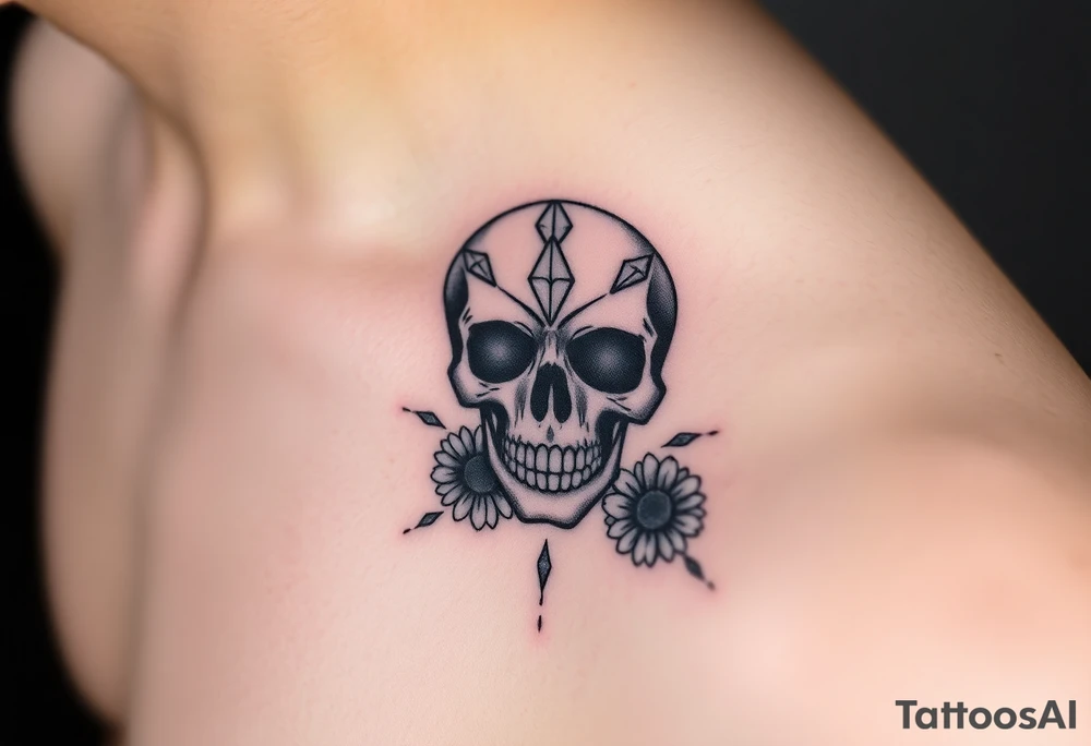 Masculine skull with diamonds and daisy tattoo idea