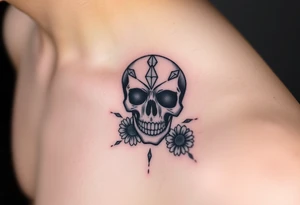 Masculine skull with diamonds and daisy tattoo idea