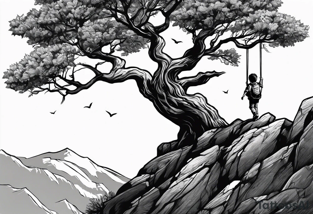 Kid hanging to a branch from a tree on a mountain cliff tattoo idea