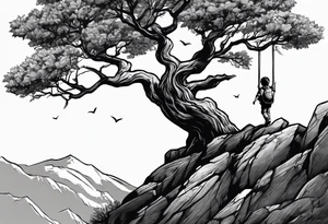 Kid hanging to a branch from a tree on a mountain cliff tattoo idea