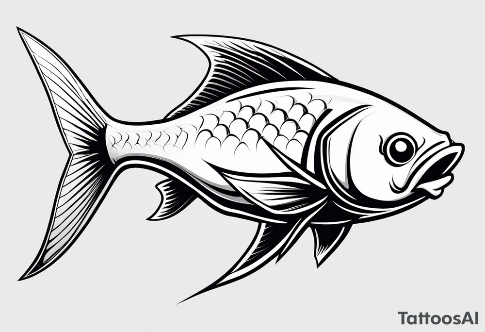 a cartoon fish with sharp, pointed fins and a streamlined body. Its eyes are narrowed with intense, angry brows, and its mouth is twisted into a snarl, showing sharp teeth. The overall appearance is aggressive and intimidating, conveyed through stark black and white contrasts. tattoo idea
