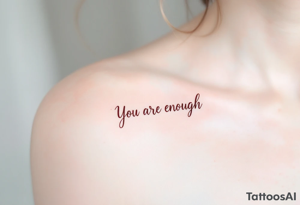 “You are enough” in dusty rose with a faint watercolor background of pastel blues and pinks. tattoo idea