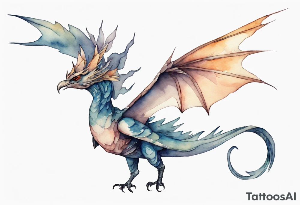 a watercolor of a bird-wyvern hybrid wearing a minimalist crown, flying tattoo idea