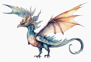 a watercolor of a bird-wyvern hybrid wearing a minimalist crown, flying tattoo idea