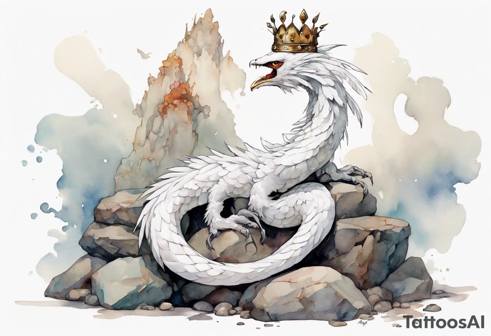 a white bird-serpent hybrid, wearing a iron crown, sitting on a stone tattoo idea