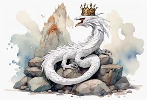 a white bird-serpent hybrid, wearing a iron crown, sitting on a stone tattoo idea