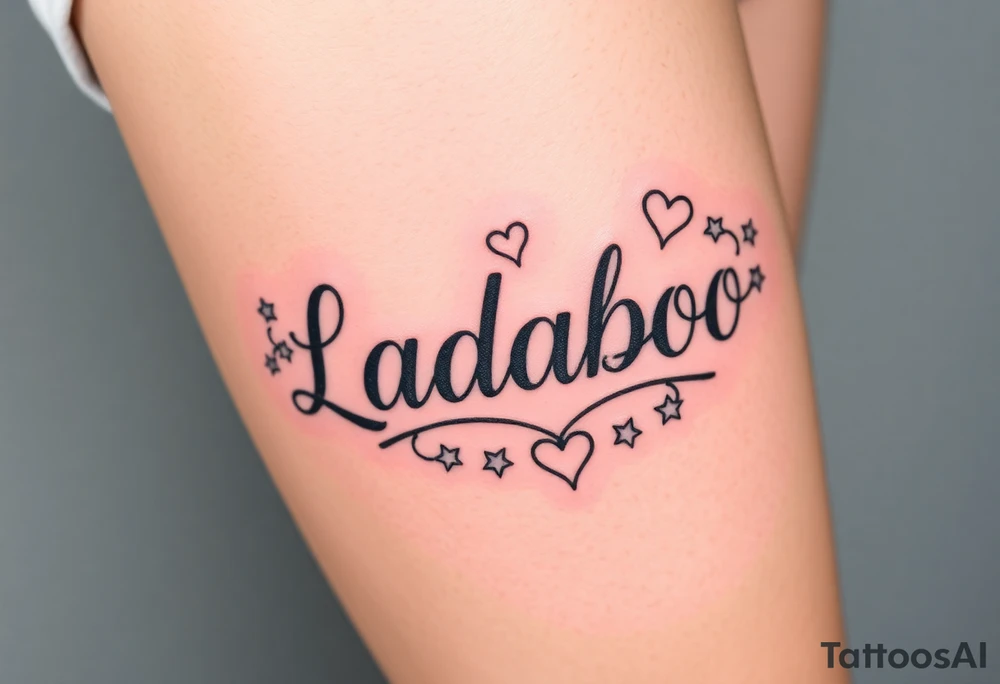 The name Ladaboo with stars and hearts around the name tattoo idea