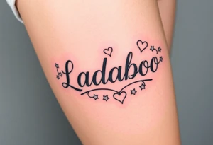 The name Ladaboo with stars and hearts around the name tattoo idea