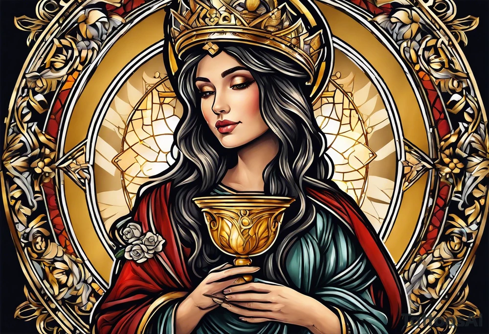 woman saint holding chalice surrounded by golden halo portrait tattoo idea