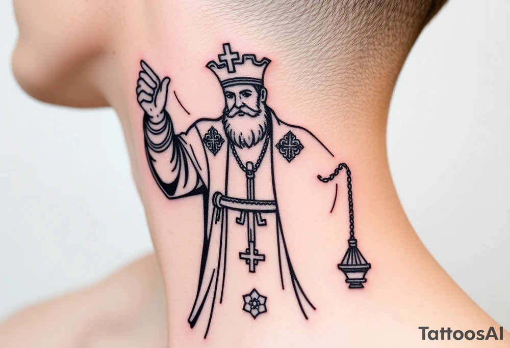 Russian orthodox priest in a detailed vestment swinging censer chains tattoo idea