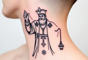 Russian orthodox priest in a detailed vestment swinging censer chains tattoo idea