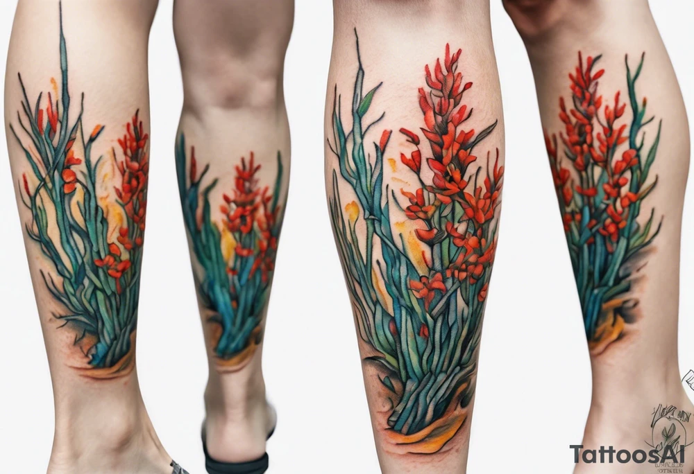 Small tattoo of ocotillo plant on the leg of  a woman, Van Gogh style, vibrant colors, high quality, Van Gogh style, vibrant colors, detailed, professional, atmospheric lighting tattoo idea