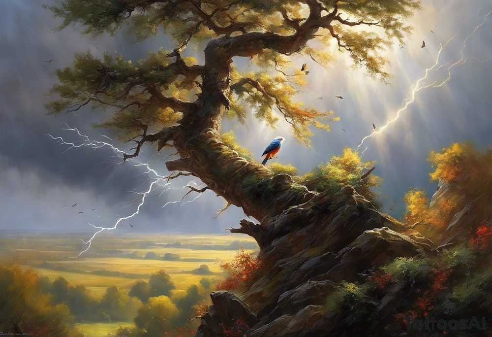 Going up the left arm, at elbow height there are feathers moving under the action of the wind. The feathers interact with tree branches that advance towards the left hand. A little higher, close to the shoulder, lightning and thunder begin to appear, interacting with the feathers and branches. The feathers converge into a vortex of energy from which an owl's head is revealed, which is on the left chest. The branches go to the back, where they converge into a solid and psychedelic element that brings together different elements related to the energy of the creation of life: womb, rebirth, spirals, torus, sun and representations of the earth, including a house that can be clearly seen being built of earth. tattoo idea