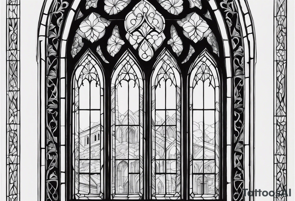 gothic, cathedral style window with intricate detail of windowsill, blacked out panes, long and skinny. Has to fit on back of arm tattoo idea