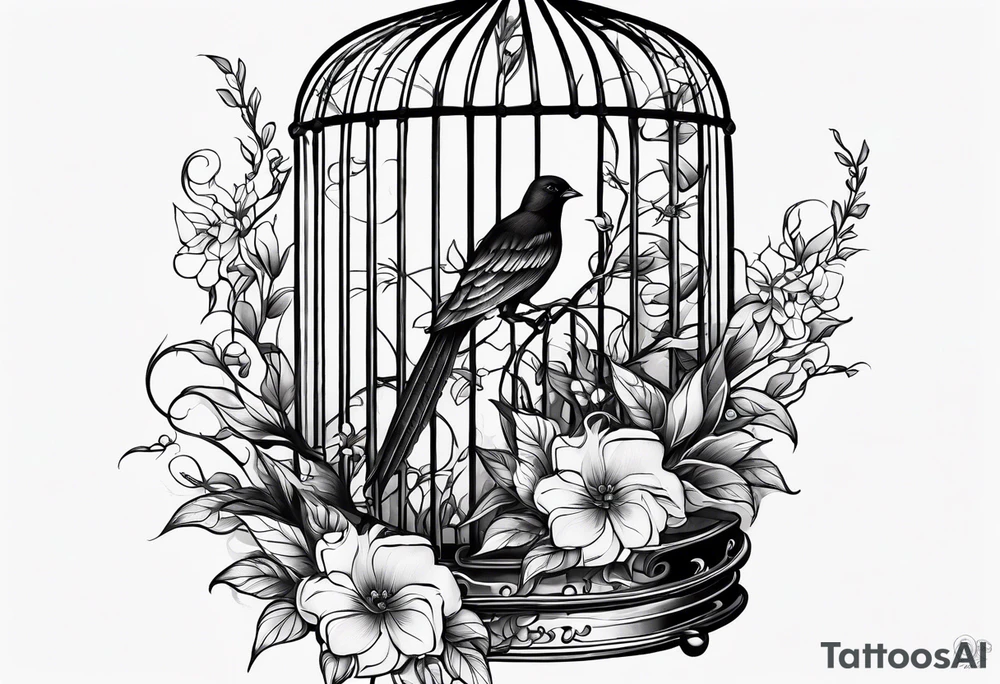 neo traditional foliage and flowers only on the left side, on the top of a long bird cage tattoo idea