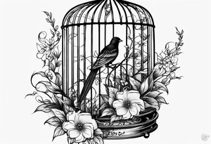 neo traditional foliage and flowers only on the left side, on the top of a long bird cage tattoo idea
