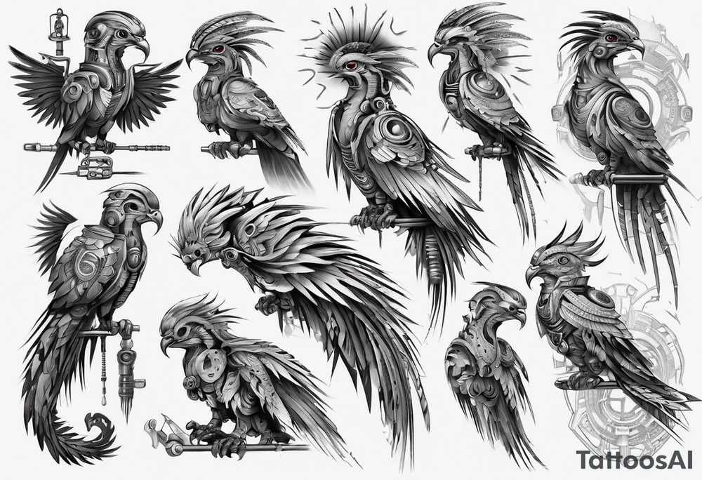 Cyberpunk Guatemalan Quetzal tattoo idea