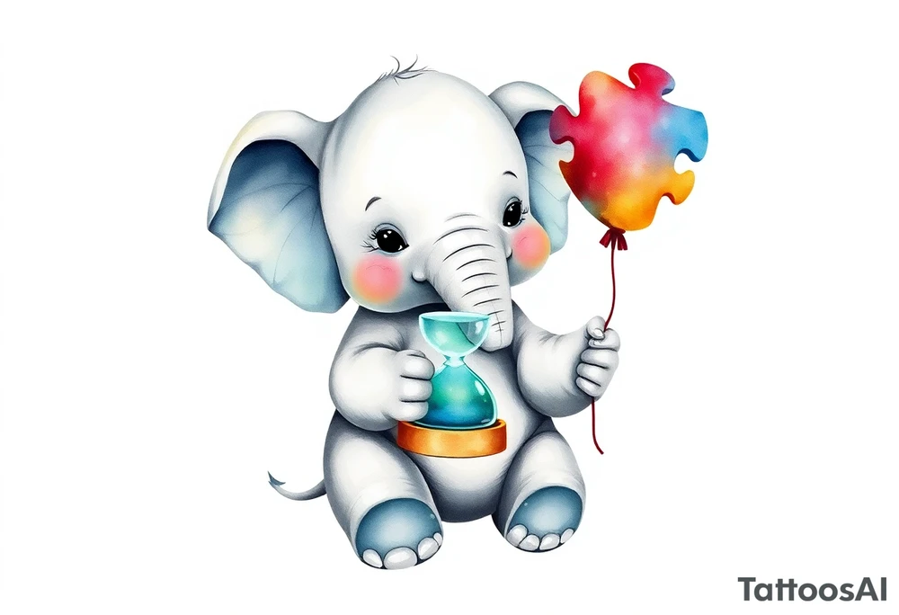 Baby elephant holding autism puzzle balloon holding hour glass tattoo idea