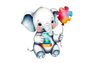 Baby elephant holding autism puzzle balloon holding hour glass tattoo idea