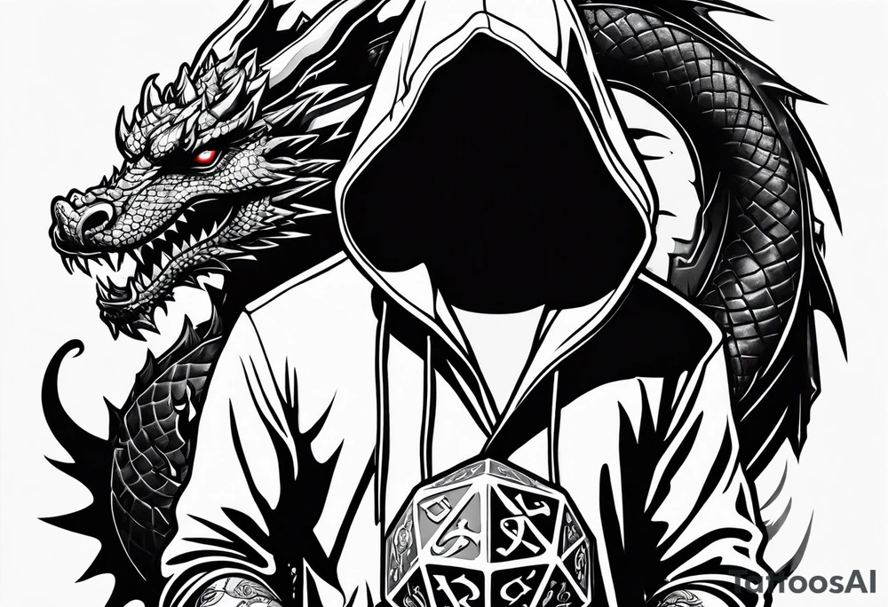 Hooded figure holding a D20, surrounded by a dragon tattoo idea