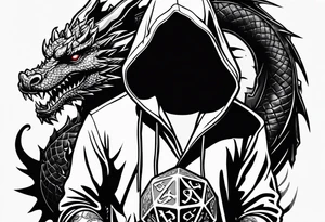Hooded figure holding a D20, surrounded by a dragon tattoo idea
