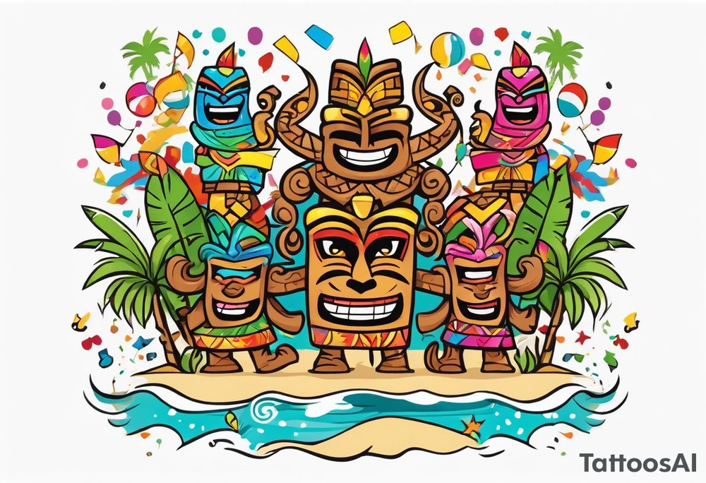 hulu tiki party with dancing tiki guys and sexy tiki girls on a beach with music notes and confetti around a blank space in the middle tattoo idea