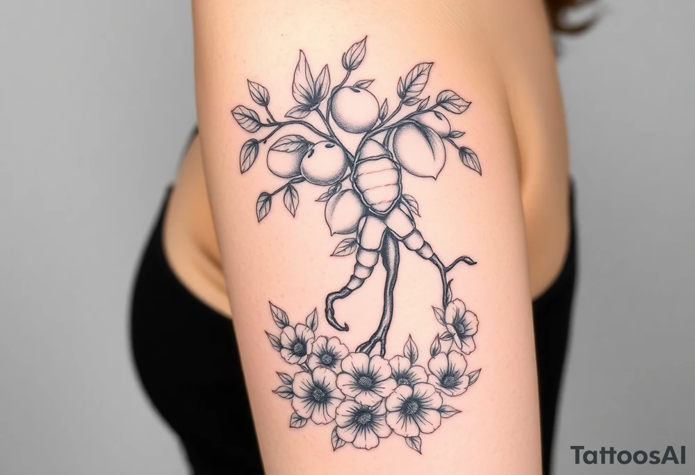 Body of a woman forming a blossoming peach tree with a Scorpio on a branch and morning glories & cosmo flowers underneath tattoo idea