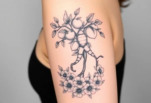 Body of a woman forming a blossoming peach tree with a Scorpio on a branch and morning glories & cosmo flowers underneath tattoo idea