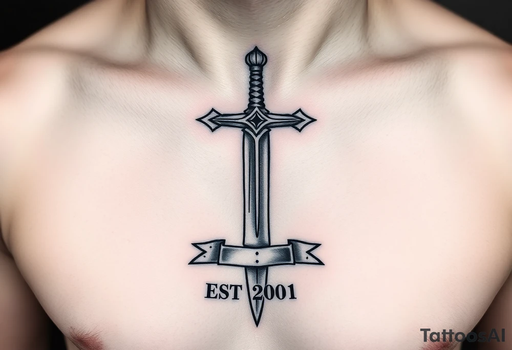 Russian inspired cross looking sword under nipple line with “EST 2001” below the sword under belly button tattoo idea