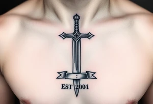 Russian inspired cross looking sword under nipple line with “EST 2001” below the sword under belly button tattoo idea