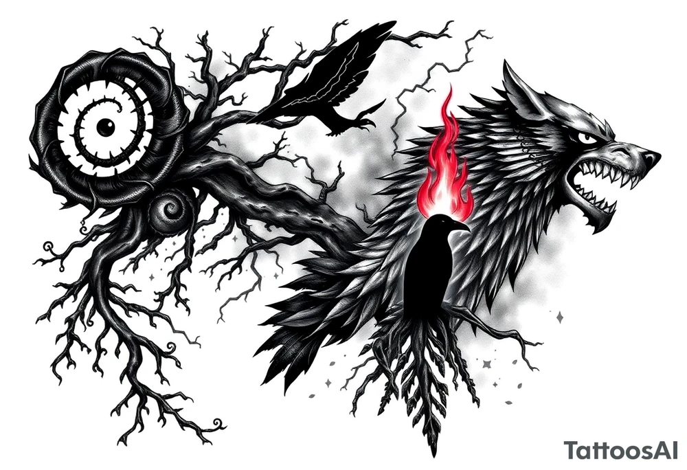 Tattoo sleeve design starting from a black spiral on the left shoulder. Integrate natural elements like twisting roots, forest vines, fog, and flowing water. Blend in mythological features such as Norse runes, a raven, and a shadowy wolf spirit. Add anime components inspired by Naruto and One Piece – including the Sharingan eye, chakra flames, silhouette of Itachi, Kurama’s head, Luffy in Gear 5 pose, and Zoro’s three swords. The design should be artistic and flowing, expanding naturally over the shoulder, upper arm, chest, and back. Use primarily black and grey tones with selective red highlights (e.g. for eyes or chakra energy). Style: mystical, powerful, connected – a fusion of nature, mythology, and anime tattoo idea