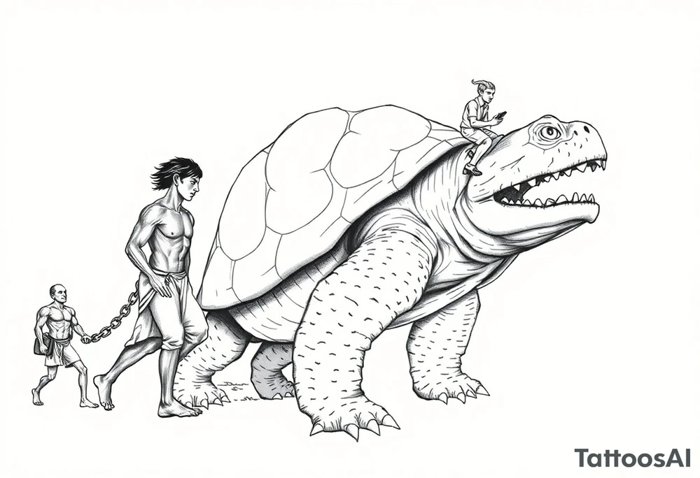 A giant walking 2 slaves on a chain leashan angry turtle with goat horns and huge teeth with a little man riding on his back tattoo idea