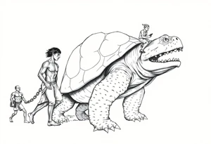 A giant walking 2 slaves on a chain leashan angry turtle with goat horns and huge teeth with a little man riding on his back tattoo idea