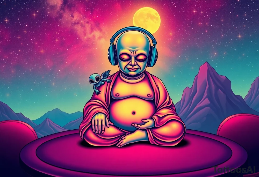 a dim celestial light shines over a curious wise chubby alien buddha who is wearing headphones and is calmly meditating on top of a texas hold'em table, and under a beautiful starry sky. There is a friendly alien sitting on his shoulder. tattoo idea