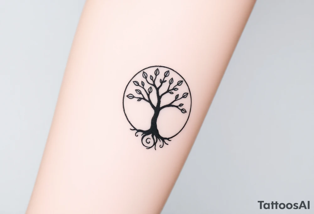 A tree in a circle,
with few leaves, with an outward spiral as its roots tattoo idea