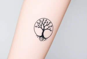 A tree in a circle,
 with few leaves, with an outward  spiral as its roots tattoo idea
