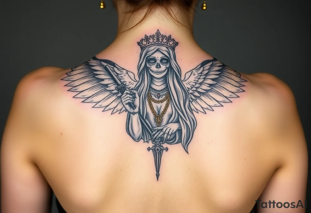 old angel statue (Santa Muerte style) criminal style tattooed and at the same time contemporary, weapons in hand, gangster-style gold necklaces tattoo idea