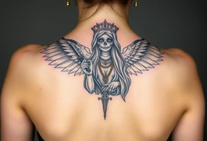 old angel statue (Santa Muerte style) criminal style tattooed and at the same time contemporary, weapons in hand, gangster-style gold necklaces tattoo idea