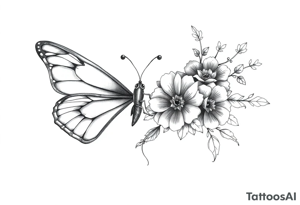 Butterfly left half real right half floral tattoo idea