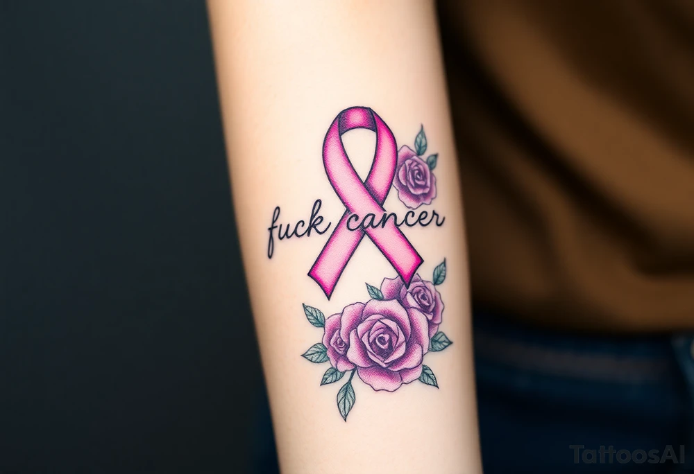 Pretty pink Cancer ribbon that says "fuck cancer"with purple roses tattoo idea