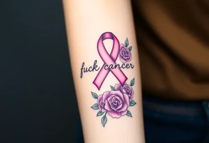 Pretty pink Cancer ribbon that says "fuck cancer"with purple roses tattoo idea