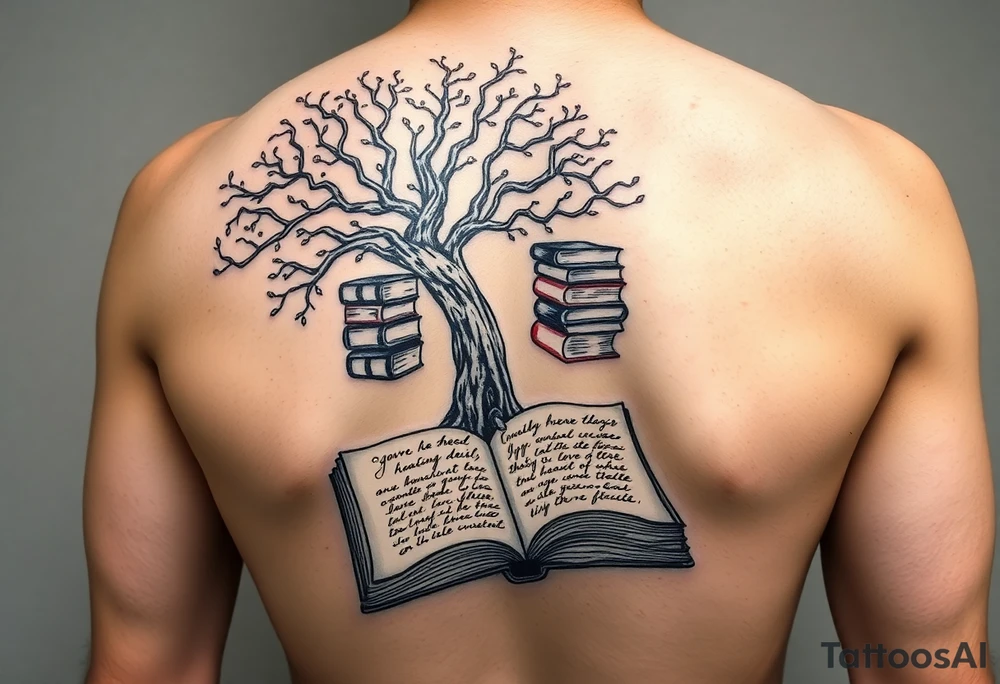 Majestic tree of knowledge with books connected as roots stacked up and an open journal with beautiful cursive writing at the base with a fountain pen for the left arm sleeve tattoo idea